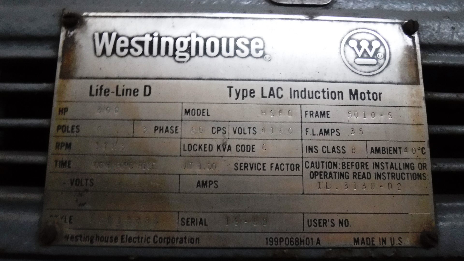Westinghouse 300 HP 1800 RPM 5010S Squirrel Cage Motors 82107
